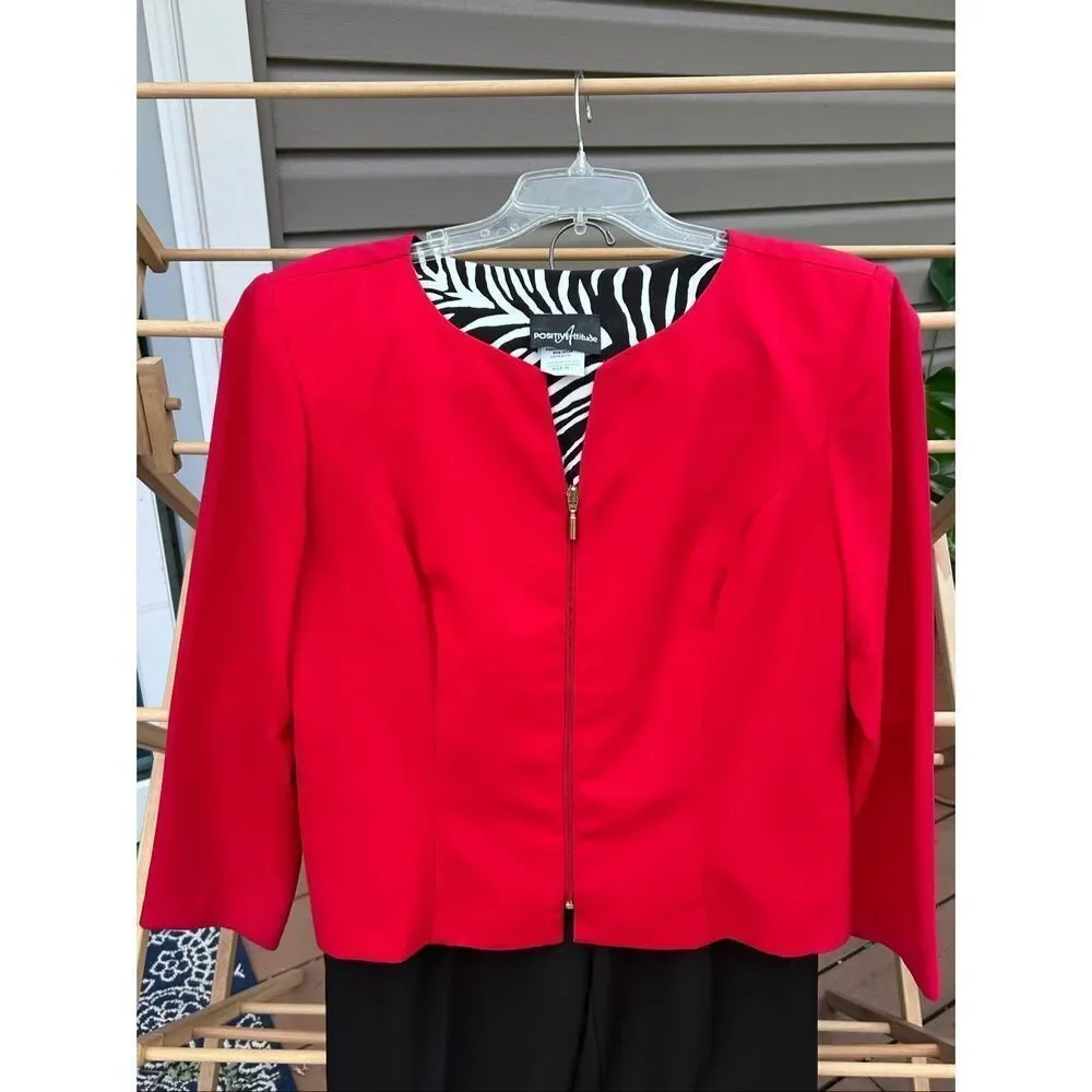Vtg Positive Attitude Size 16 Red Black Zebra Print 2 Piece Pant Suit